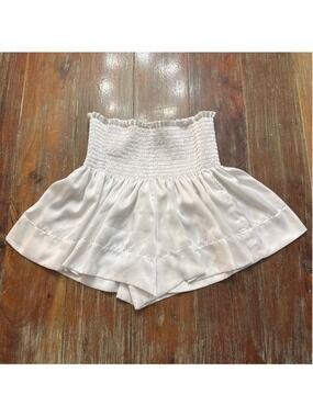 KOCH Erica Smocked High Waist Satin Ruffle Shorts Skort White XS Made in America